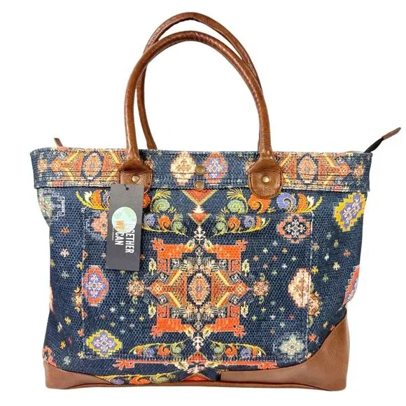 NWT Mona B Weekender Tote Blue Tan Upcycled Canvas Boho Carpet Print - Picture 1 of 11
